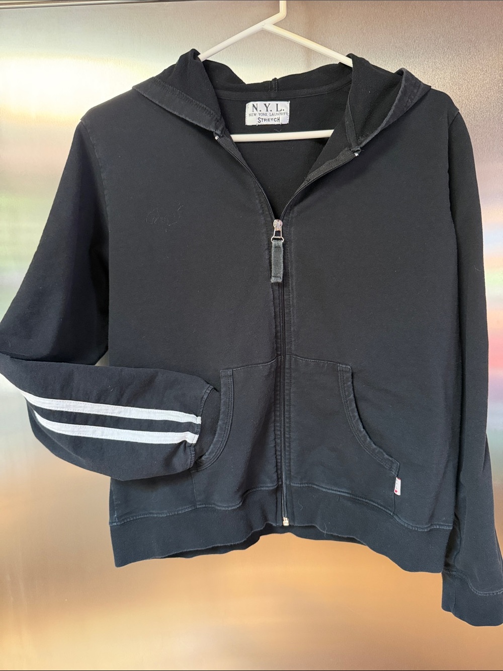 New York Laundry Black Zip Hoodie with White Accent Sleeve Stripes